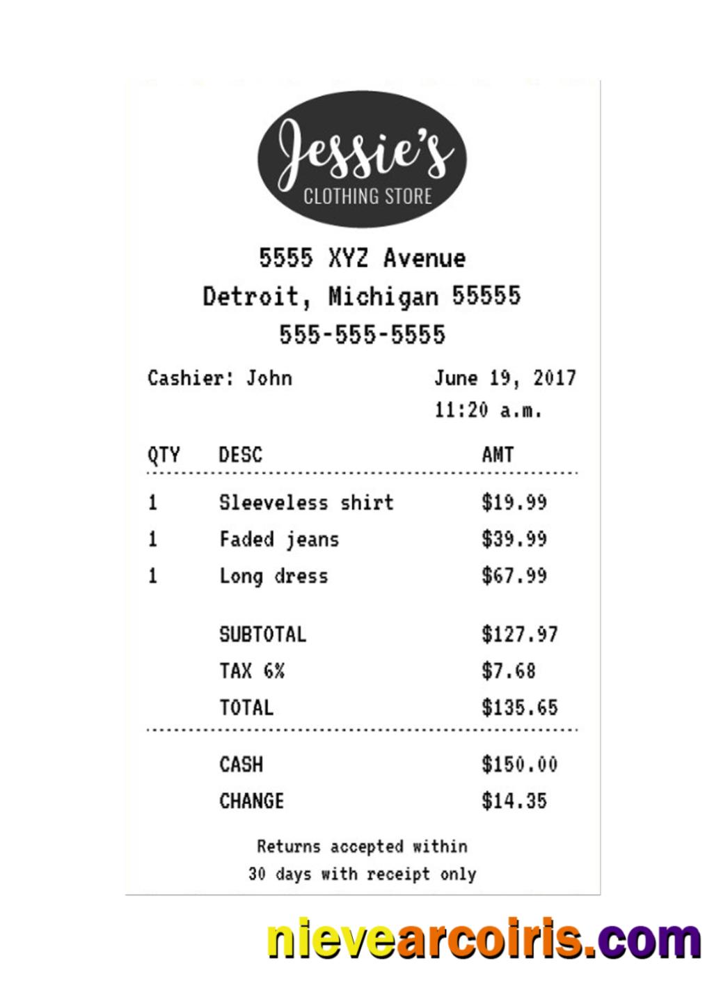 JESSIE'S CLOTHING STORE receipt
